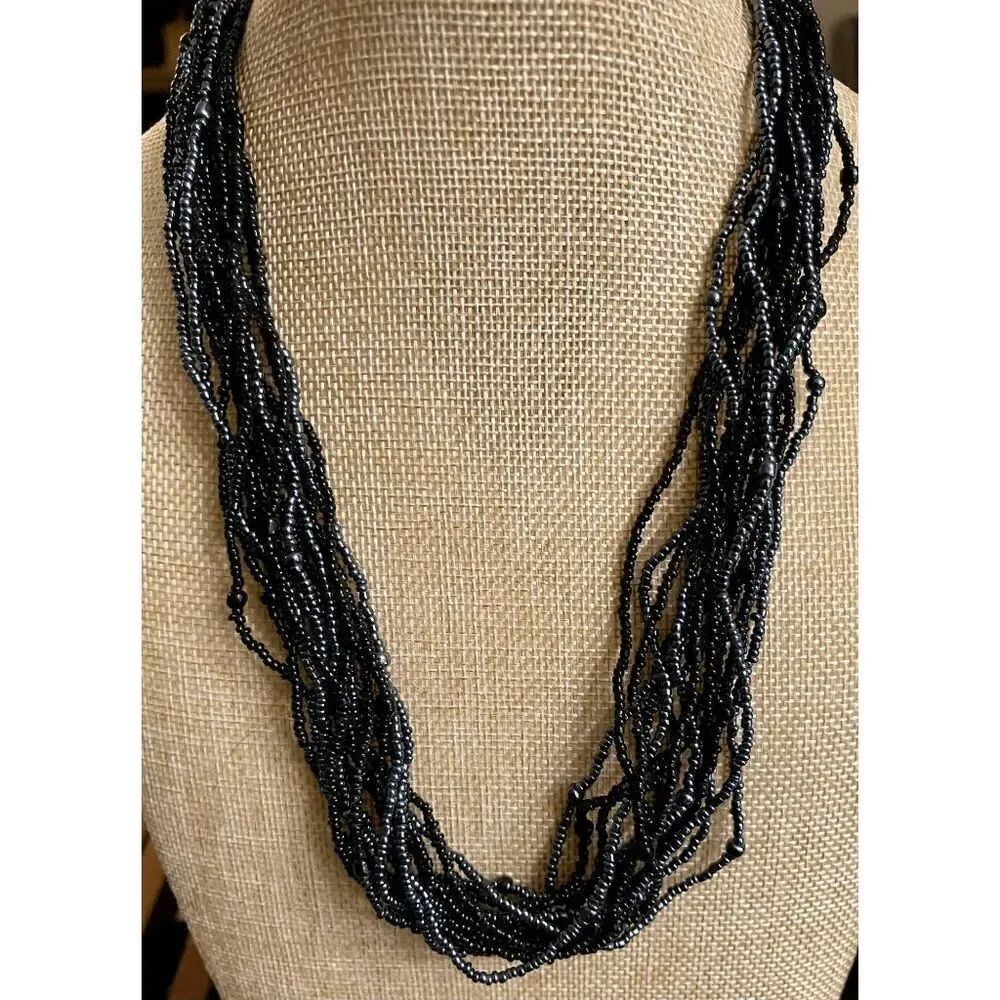 Vintage 90s 15 Strand Seed Bead Black & Grey 22 Inch Necklace
